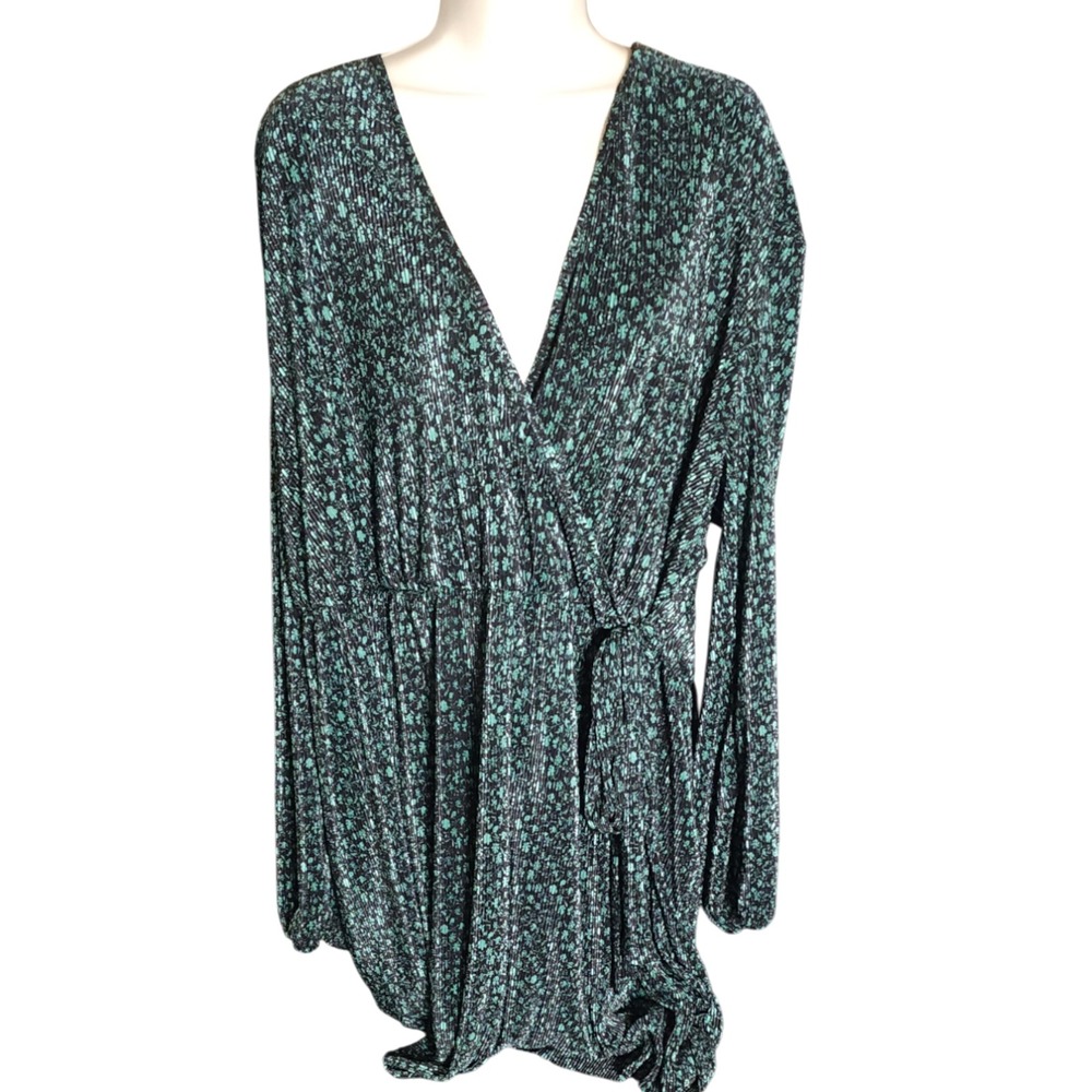 ASOS DESIGN Women's Plus Size 24 Green Black Texture Wrap Mini Dress Long Sleeve
